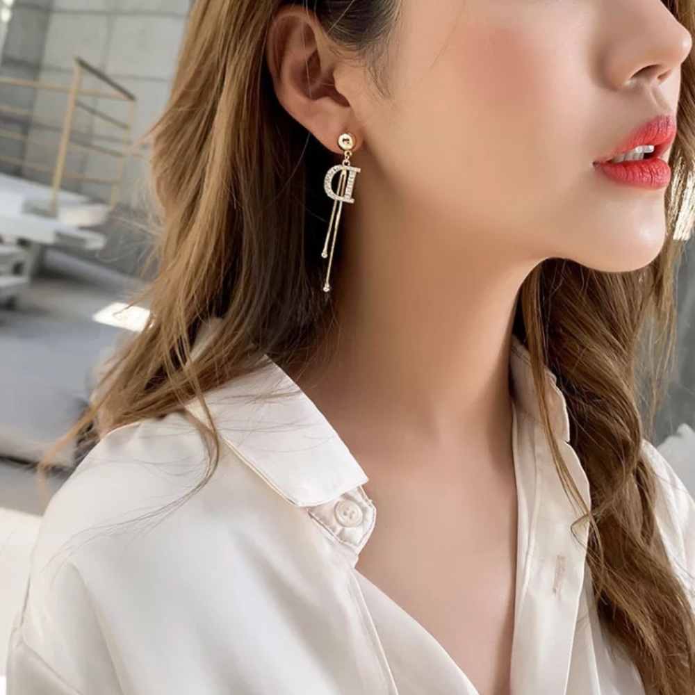 Gold Tone Crystals D Earrings - Picture 4 of 5